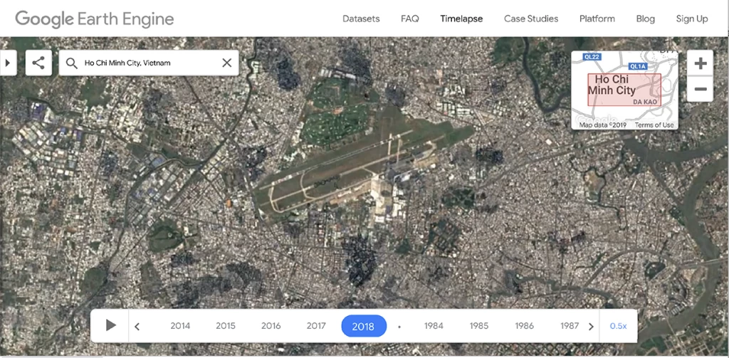 Ảnh Landsat trên Google Timelapse (30m/Pixel), sân bay Tân Sơn Nhất 2018