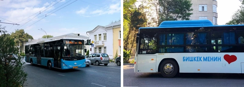Left: A new diesel bus in Dushanbe. Right: A new CNG bus in Bishkek.