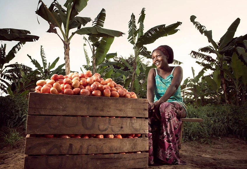 A woman farmer in Uganda is surveying the fruits of her labor. 