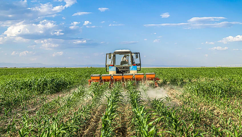 A farmer uses a tractor to apply fertilizer to a field of crops. 