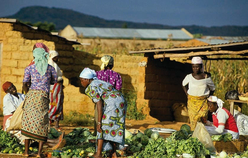 Women selling produce at a market in Nigeria.