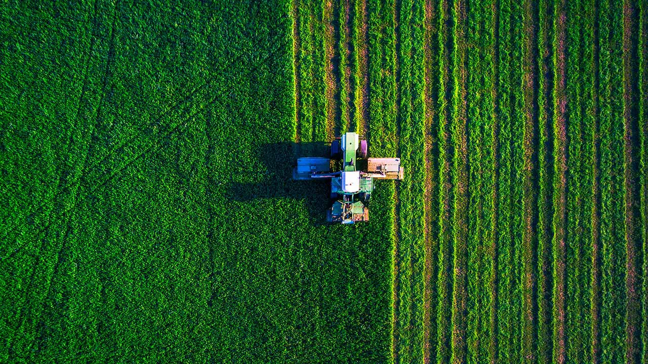 Ariel view of a tractor in a green farm.
