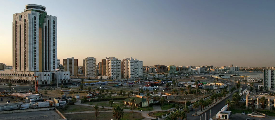 An aerial view of Tripoli appears at dawn.