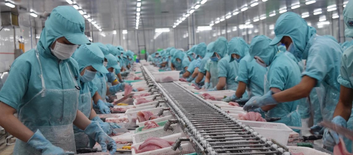 Workers in a seafood processing factory in Dong Thap Province, Vietnam