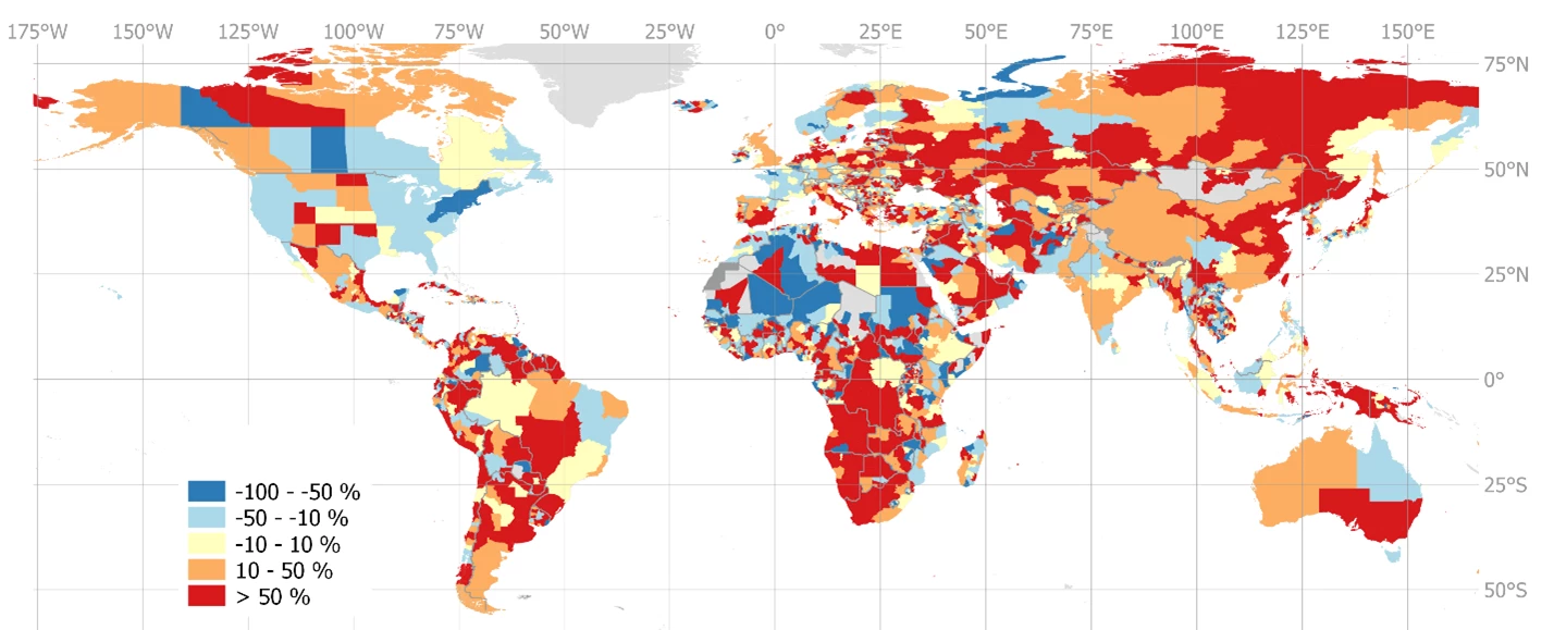 Flood-safe vs flood-exposed growth: Relative difference between settlement growth in safe and high hazard areas 1985 to 2015 