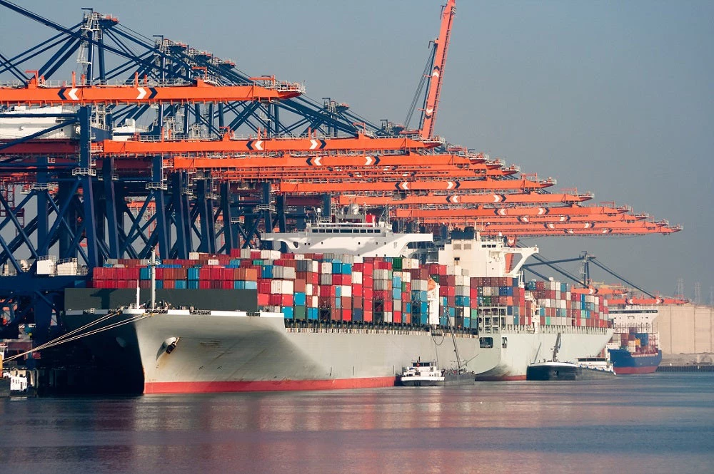 Large harbor cranes loading container ships in the port of Rotterdam.