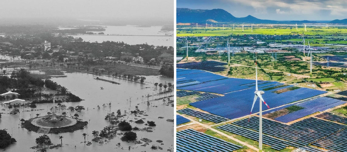 The contrasting scene of flooding and a wind farm in Vietnam.