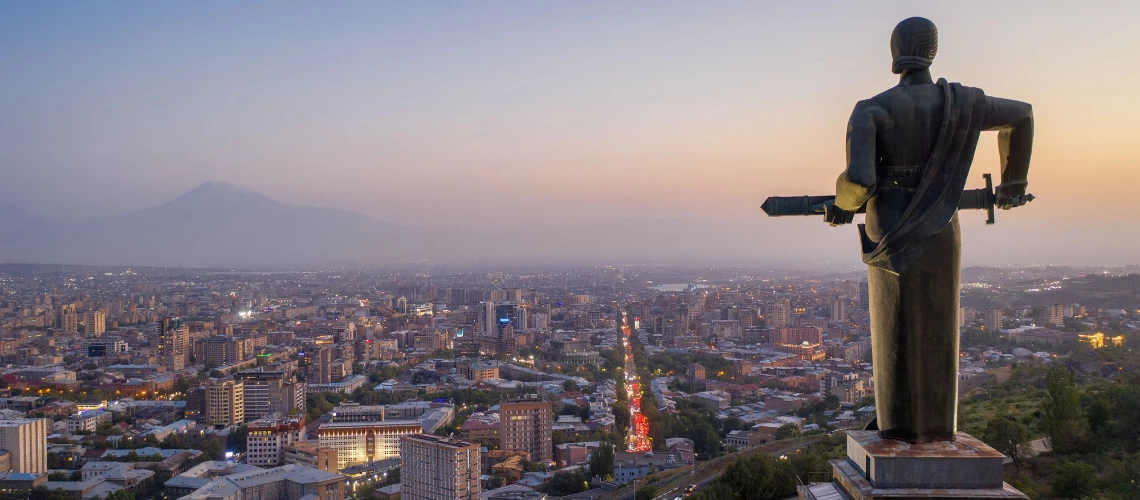 View of Mother Armenia Statue, the city and Ararat mount