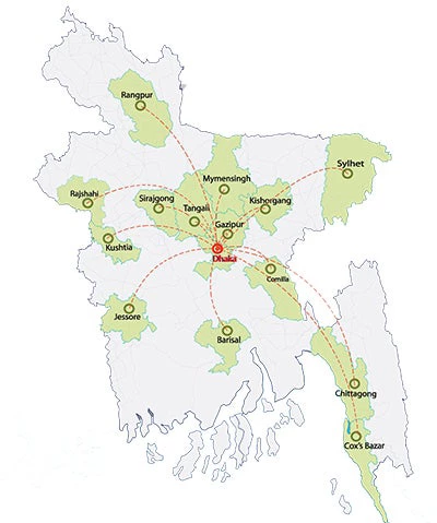 Network of the virtual classrooms connected to medical colleges in different regions of Bangladesh