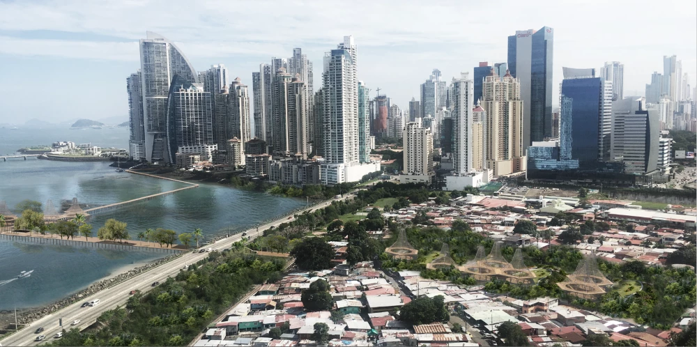 Recreación de vista aérea del barrio Boca la Caja con nuevo muelle y parque propuestos.