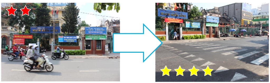 Before and after photos of one of the 37 school zones assessed and upgraded with local funding under the Bloomberg Philanthropies Initiative for Global Road Safety (BIGRS) in Ho Chi Minh City, Vietnam .