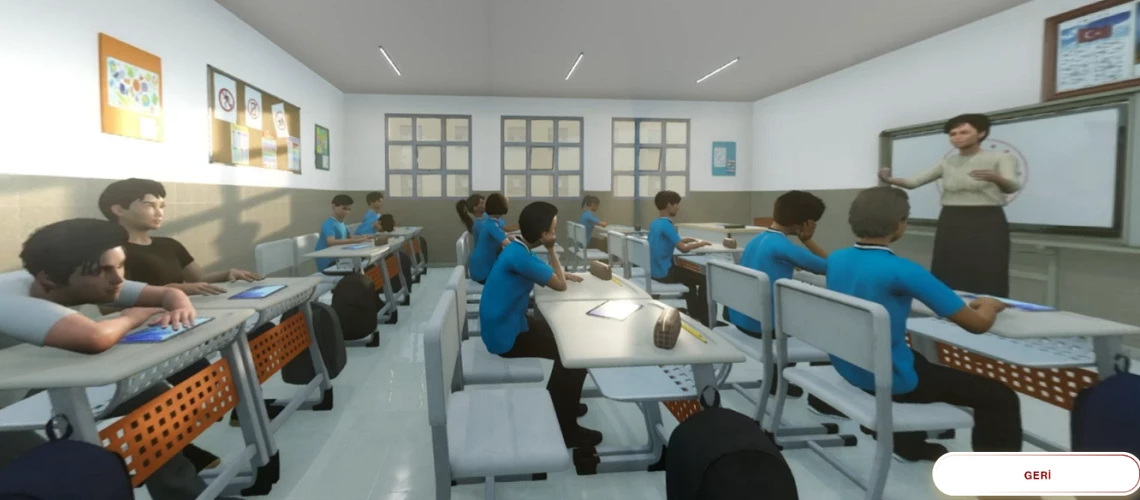 Still image of VR classroom simulation featuring virtual teacher and students