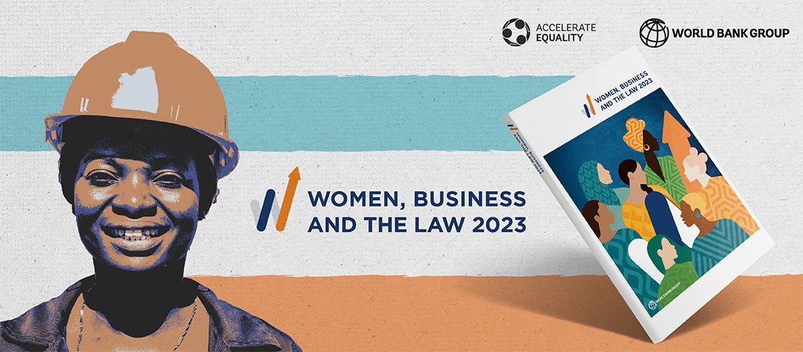 A female worker and the cover of the Women, Business and the Law 2023