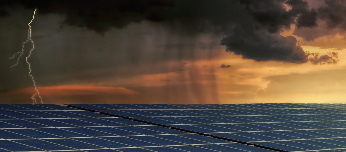 Storm with lightning and solar panels