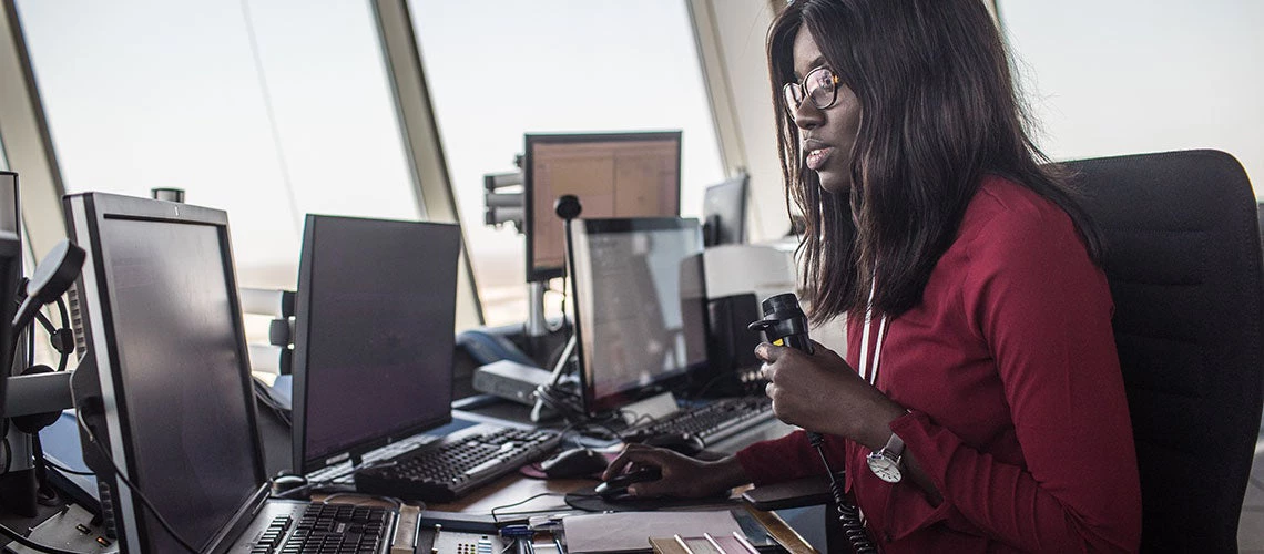 Seynabou Ndiaye works in the control tower. She is an air traffic controller at Blaise Diagne international airport, Diamniadio, Senegal. ©Vincent Tremeau, World Bank 