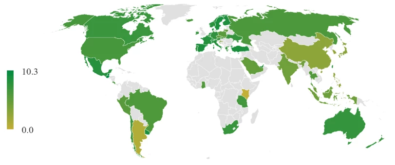 A map showing Figure 2b: Geographical distribution of sustainability-linked debt (which includes corporate, and government issued sustainability-linked loans and bonds) relative to all debt (corporate and government issued loans and bonds) issued since 2013. 