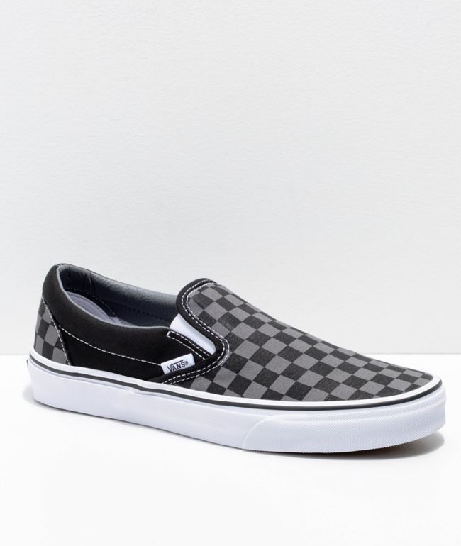 vans grey and black checkered slip ons