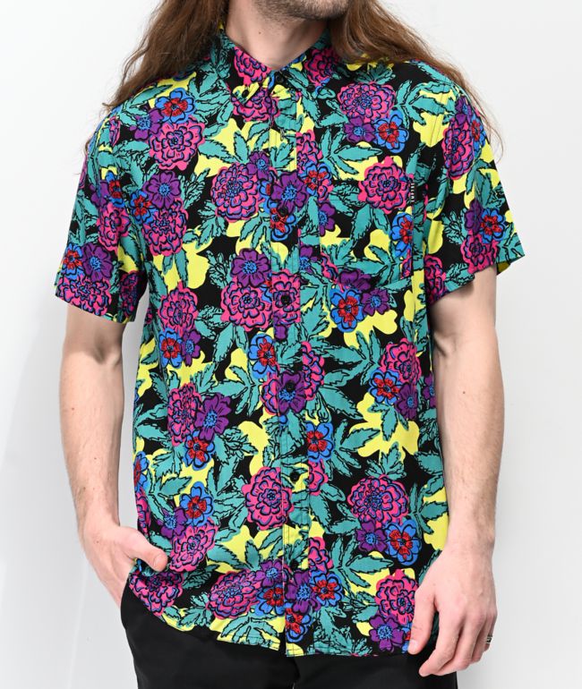 Empyre Floral Black, Yellow & Teal Woven Short Sleeve Button Up Shirt - Unisex - Size: M Men's Clothing - Shirts - Button Ups at Zumiez