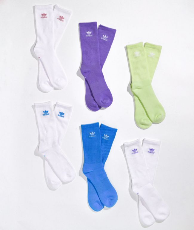 adidas Trefoil White, Blue, Purple, & Green 6 Pack Crew