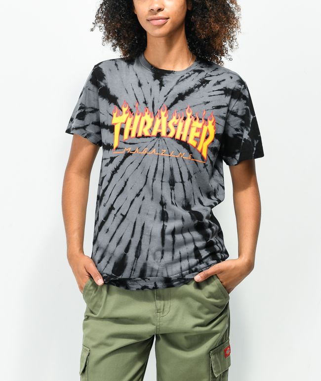 Thrasher Flame Logo Black & Grey Tie Dye T-Shirt