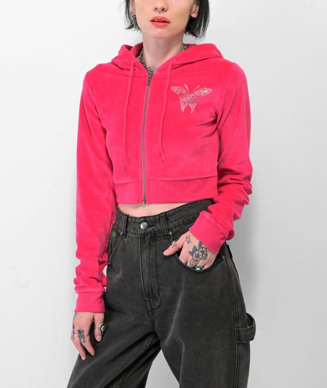 A-Lab Britney Velour Rhinestone Pink Crop Zip Hoodie