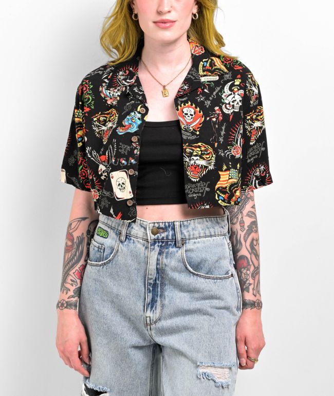 Ed Hardy Flashboard Black Crop Button Up Shirt